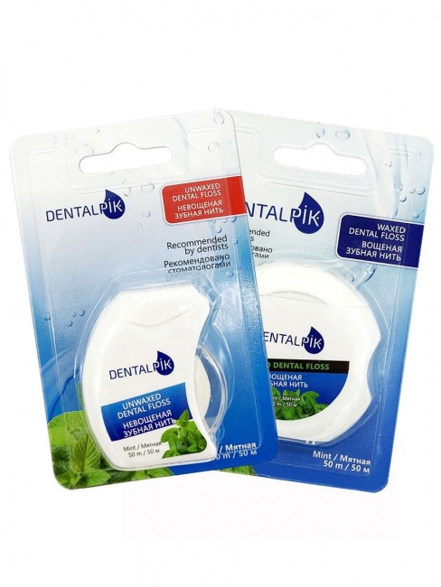 Комплект зубных нитей Dentalpik Floss Mint мятная вощеная и невощеная, 50 м, 2 шт 